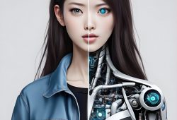 Une jeune femme asiatique, de face, moitié humaine, moitié cyborg.