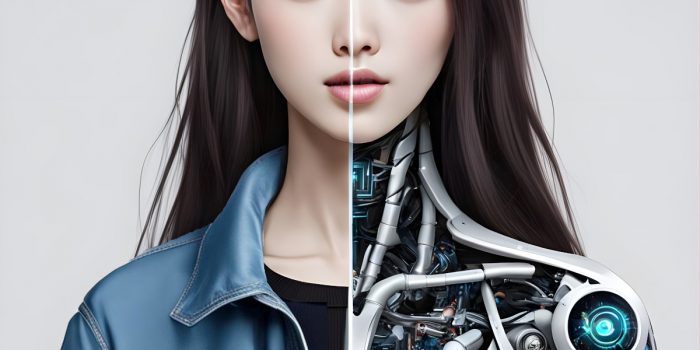 Une jeune femme asiatique, de face, moitié humaine, moitié cyborg.